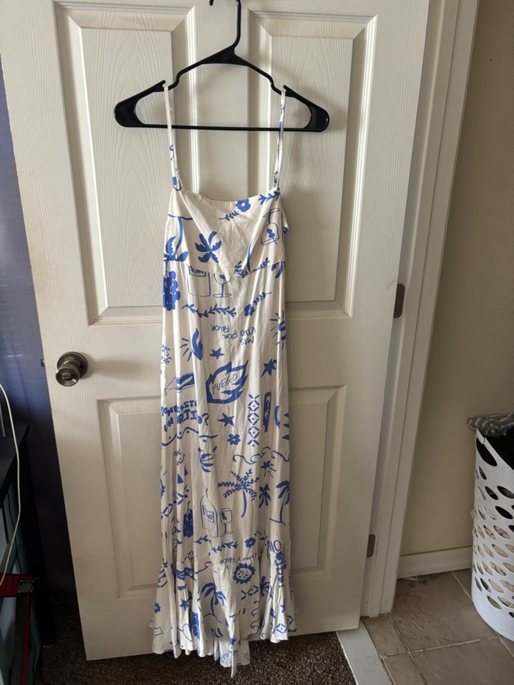 White and Blue Printed Maxi Dress - Sleeveless Summer Slip